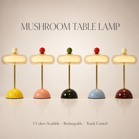Lampe de table en forme de champignon rechargeable, tactile, 3 couleurs à intensité variable, style nordique, base en verre et fer, lampe de chevet pour chambre à coucher, salon