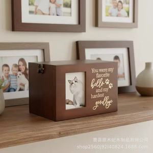 Wooden Pet <b>Urn</b> Rectangle Solid Wood Memorial Cremation Box For <b>Cats</b> And Dogs With Photo Frame Secure Storage - Product Image 2
