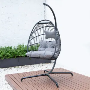 Swing Garden Foldable Wicker Hanging Egg Chair Rope Swing Chair Rattan Outdoor Patio Swing With Metal Stand