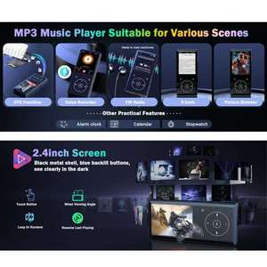 Lecteur MP3 avec écran tactile complet de 2,4 pouces, Bluetooth 5.0, haut-parleur intégré, radio FM et enregistreur vocal pour toutes les situations - Product Image 6