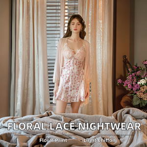 X6502 Gorgeous Sweet Floral Printed Chiffon Embroidery <b>Lace</b> Patchwork Spaghetti Strap <b>Elastic</b> Waist Summer Nightdress Mesh - Product Image 2