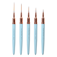 Ensemble de 5 pinceaux ultra-fins pour nail art, manche bleu macaron, logo personnalisé, professionnel, pour la manucure, le liner et la peinture artistique.