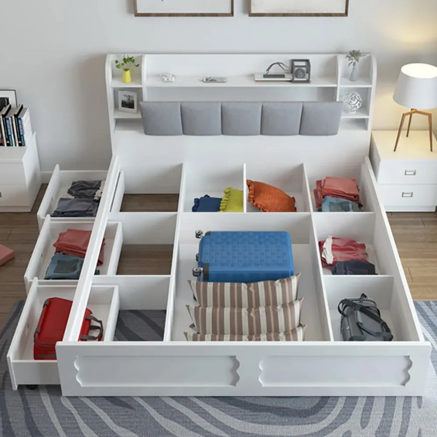Modern 3 drawers white storage bed low profile queen bed