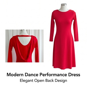Women's Adult Red Long Sleeve Lyrical <b>Dance</b> <b>Dress</b> Stretchy Jersey Open Back Split Skirt Contemporary Ballet Costume Stage Solo - Product Image 3
