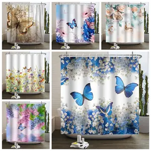 Farfalla fiore <span class=keywords><strong>tenda</strong></span> da doccia fiori fiori fiori fiori pianta farfalla natura sognante impermeabile <span class=keywords><strong>tenda</strong></span> da doccia per il bagno decorazioni per la casa - Product Image 1