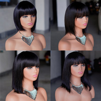 Wig Bob Pendek Lurus Tanpa Lace, Rambut Manusia Mentah Kamboja Asli, Full Machine, Dengan Poni, Untuk Wanita Kulit Hitam, Tampilan Alami