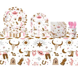 Articles de fête Western rose pour enfants : chapeau de cowboy, assiettes en carton, gobelets, serviettes, bannière pour les petites filles, cadeaux de fête - Product Image 2