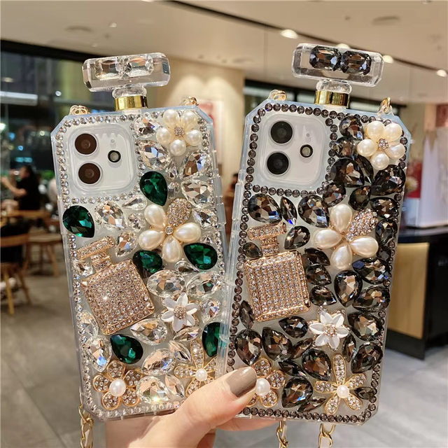 BAILI Factory Luxury Bling Diamond Perfume Bottle Crossbody Lanyard Pearl Flower Mobile Phone Case for iPhone 11 12 13 14 Promax