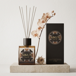 Aikun Amber Oud 250ml Square Glass Reed Diffuser Set With Gray Fiber Sticks Luxury Black Box For Hotel Lobby <b>Home</b> Fragrance - Product Image 1