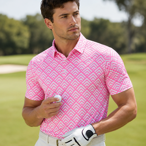 <b>Men's</b> Printed Golf <b>Shirt</b> <b>Pink</b> Geometric Design Short Sleeve <b>Polo</b> <b>for</b> Golf Club Tournament and Team Events - Product Image 1