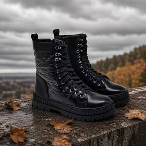 Botas de combate acolchadas para mujer con logotipo OEM personalizado, caña acolchada, ganchos de anilla en D plateados, <span class=keywords><strong>plataforma</strong></span> gruesa con suela de tacos, botas de media pantorrilla con cordones - Product Image 5