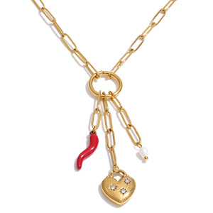 Collier pour femme JINYOU 1882, nouveautés, acier inoxydable, émail, piment rouge, zircon, cœur, perle, chaîne, pendentif - Product Image 1