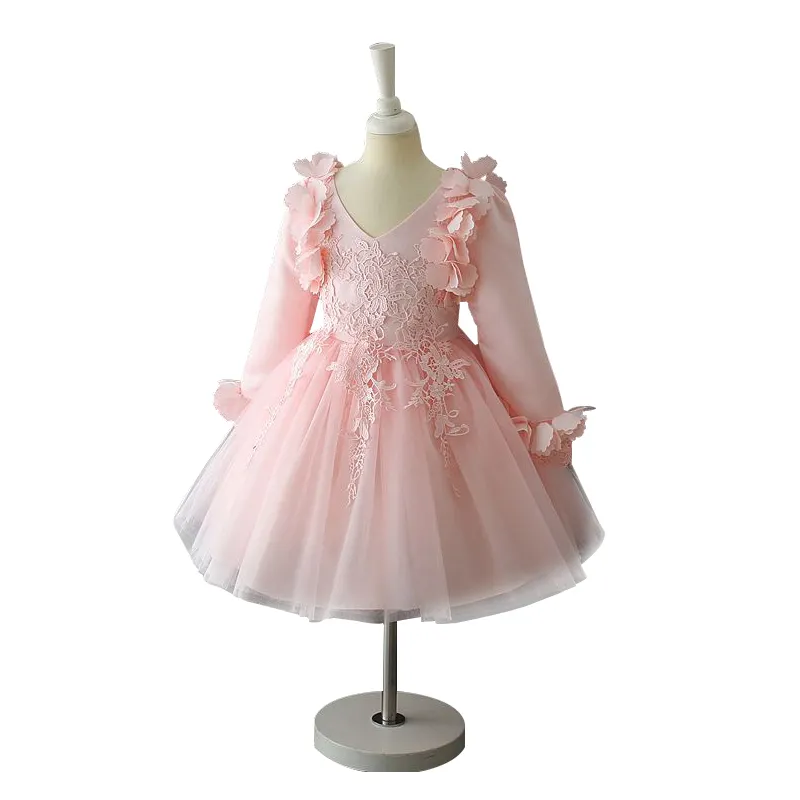 3D Flower Lace Appliques Langarm Puffy Tulle Schöne Brautjungfern Hochzeit Flower Girl Kleid