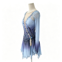 Robe de patinage artistique à manches longues dégradé bleu-violet, ornée de strass faits à la main, en maille, pour performance sur glace, pour femmes et filles