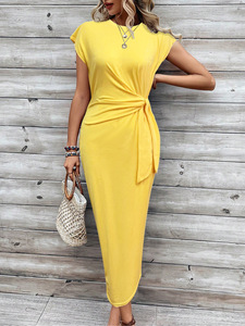 Elegante <span class=keywords><strong>Vestido</strong></span> Maxi para Mujer, Moda <span class=keywords><strong>de</strong></span> Verano, Cintura Natural con Cinturón, Cuello Redondo, Manga Corta, Estampado a <span class=keywords><strong>Rayas</strong></span>, Estilo Vintage, Transpirable, Corte Ajustado - Product Image 6