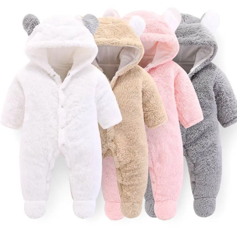 De invierno recién nacido bebé niño niños niñas de dibujos animados oso patas mono bebé de lana de Coral con capucha mameluco