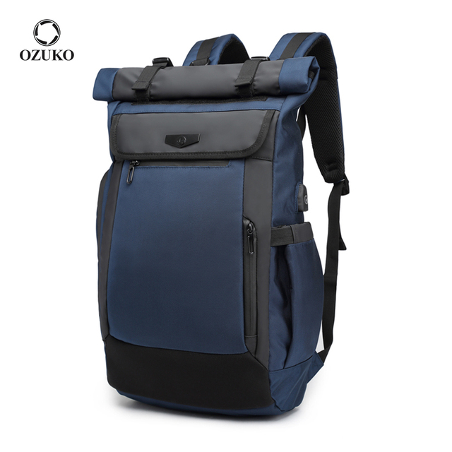 Ozuko 9066 Black 15.6 Laptop Backpack Rucksack Waterproof Durable Roll Top Portable Multi-Functional With Polyester Lining