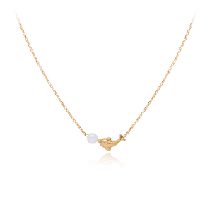 Collier chaîne à maillons pour femme, style vintage, en acier inoxydable plaqué or 18 carats PVD, avec breloque dauphin et perle baroque, serti griffe, 18 pouces, Anniversaire - Product Image 5