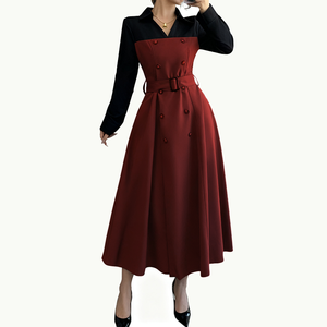 Robe de bureau élégante pour femmes avec col rabattu et boutons tendance, robe <span class=keywords><strong>longue</strong></span> à manches longues avec ceinture, couleur contrastée - Product Image 4