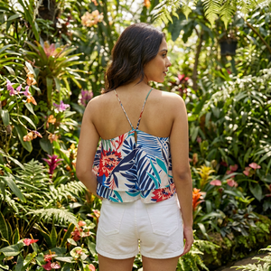 Blusa sin mangas estilo bohemio para mujer, cuello redondo, estampado floral asimétrico, corte holgado, transpirable, tejido, para primavera/verano - Product Image 2