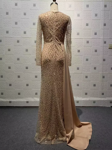Gaun Pesta Malam Model Putri Duyung Champagne 2022 Kerah O Lengan Panjang Berpayet Gaun <span class=keywords><strong>Prom</strong></span> Berhias Manik-Manik Robe De Soiree - Product Image 3