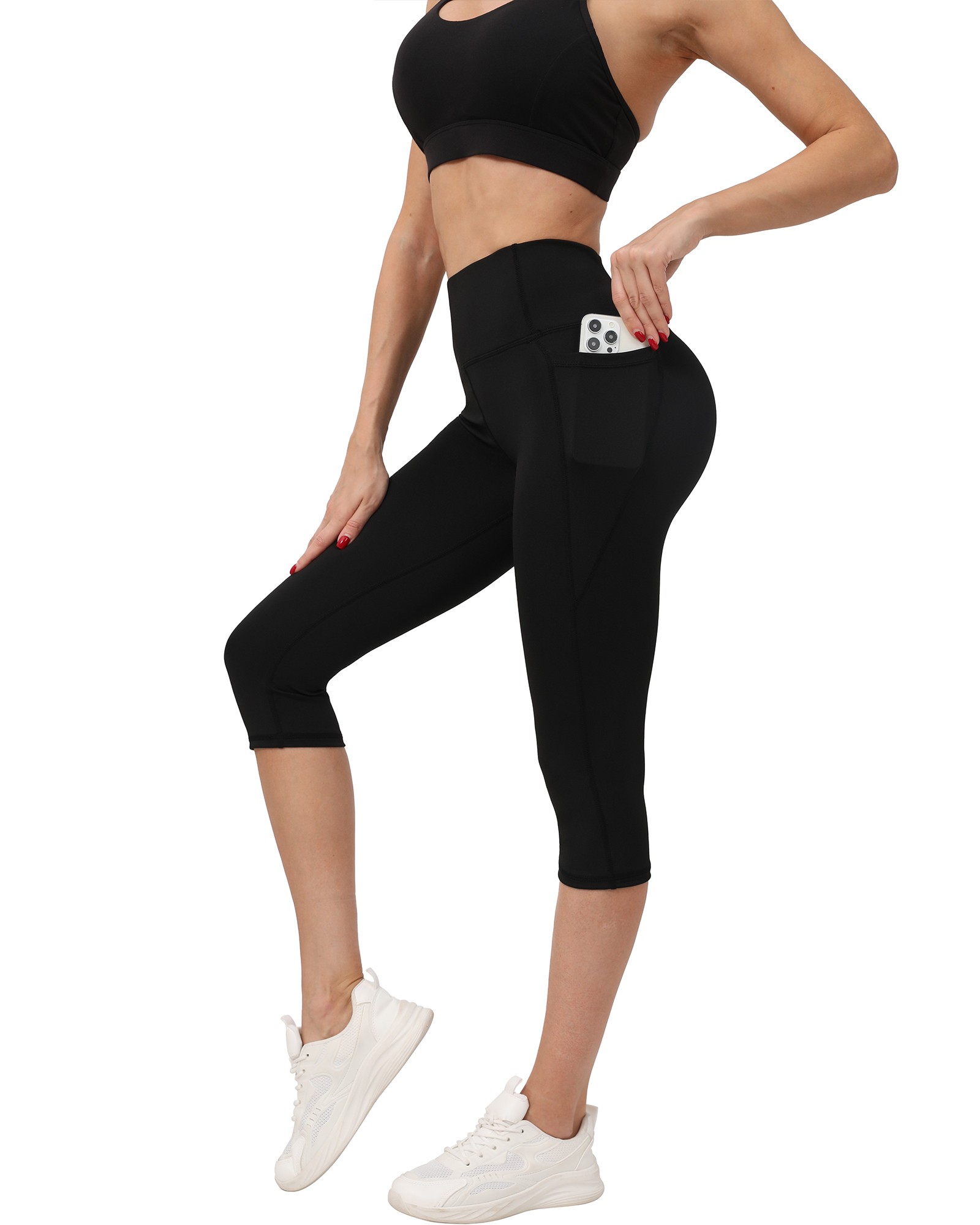 5078 Custom Logo Capri Leggings for Women High Waist Breathable Color Blocking Spandex/Polyester Elastic Waist Pocket