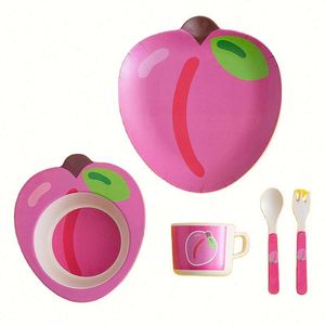 Vaisselle écologique de haute qualité, biodégradable, en fibre de bambou pour enfants, assiette, bol, tasse et couverts en forme de fraise - Product Image 2
