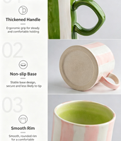 Tasse à café en céramique rayée peinte à la main de 220 ml, design esthétique, rose et vert, en porcelaine, pour thé au lait, cadeau idéal pour fille ou couple