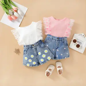 Babykleertjes 1-6 Jaar 2023 Kinderkleding Zomer Meisjeskleding Set Nieuwe Kinderkleding Mesh Gaas Mouwloze Top + Denim Shorts