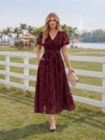 Robe Midi en Dentelle Bordeaux pour Femme, Col en V, Manches Courtes, Broderie, Robe de Soirée pour Invitée de Mariage, Vente en Gros Usine, Commande OEM Personnalisée, Livraison Rapide