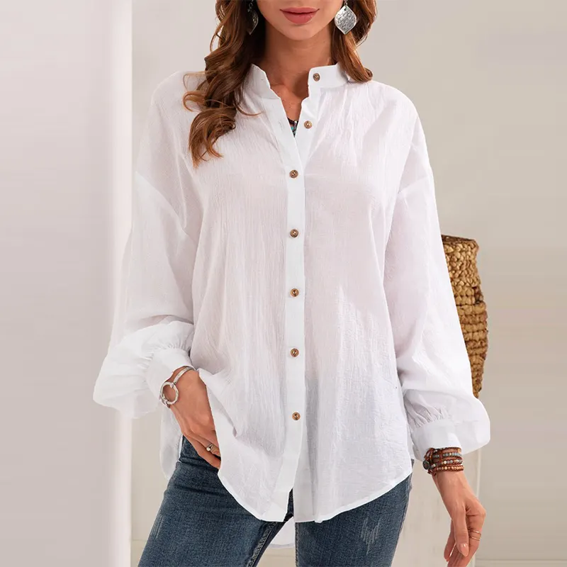 Wholesale Top fashion autumn spring balloon sleeve shirts Pure color long sleeve single breasted white linen shirts for ladies