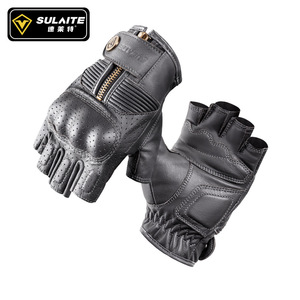 SULAITE Gants de moto demi-doigts unisexes en cuir noir avec fermeture éclair, respirants, protection pour hommes et femmes - Product Image 5