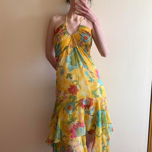 ชุดแมกซี่เดรสพิมพ์ลายดอกไม้พิมพ์ลายดอกไม้คล้องคอตาข่ายคาดเอวธรรมชาติเป็นมิตรกับสิ่งแวดล้อมชุดสำหรับใส่ในรีสอร์ท - Product Image 1