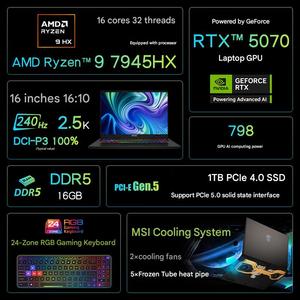 สำหรับแล็ปท็อปเกมมิ่ง Crosshair 16 AI 2025 รุ่น Core Ultra 9 R9 แรม 16GB SSD 1TB RTX 5070 5060 หน้าจอ 2.5K 240Hz สำหรับ MSI Cross - Product Image 6