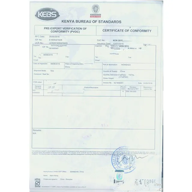 Kenya POC Sertifikasi KEBS Verifikasi Pra-ekspor Kesesuaian Standar COC RFC ISO/IEC