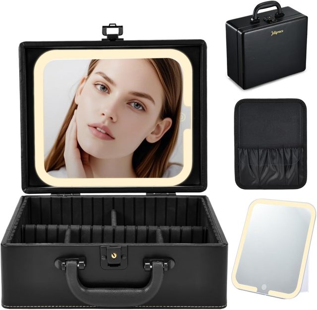 Large Leather Makeup Case Lighted Vanity Mirror Travel Makeup Organizer Box Lockable Cosmetic Train Case Adjustable Dividers
