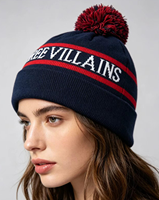 Fabricant de chapeaux en gros – Bonnets jacquard à rayures double couche, bord lisse, bordure bouclée, 100 % acrylique, tricotés avec pompon