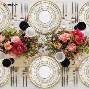 Service de table en céramique en porcelaine osseuse nouvelle génération, écologique, durable, avec bordure dorée, assiette à gâteau - Product Image 5