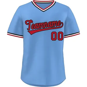 Sublimasi kustom tombol biru langit ungu V leher bisbol Softball Jersey Jersey bisbol cepat kering bernapas