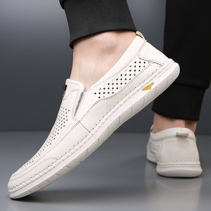 Chaussures bateau pour homme en cuir véritable, à enfiler, bout rond, respirantes, semelle en caoutchouc, chaussures décontractées d'été - Product Image 4