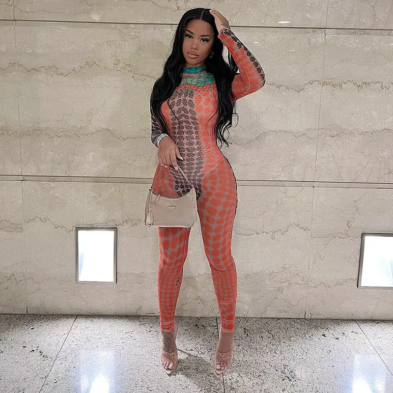 New designs sexy sheer mesh bodysuit snake print round neck long sleeve one piece jumpsuit