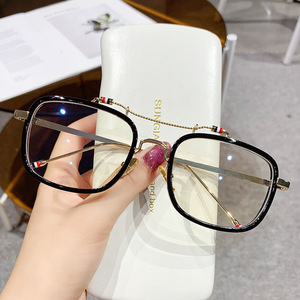 New Retro Double Bridge Anti Blue Light Glasses Silver Square Frame Full Framework Plastic Metal <b>PC</b> Lens Plano Lenses Korean - Product Image 2