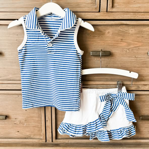 Ensemble jupe de yoga en gros, robe d'été sans manches respirante à rayures bleues, longueur genou, personnalisée pour bébé fille, GSD3660 - Product Image 1