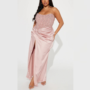 Glamorous Pink Sequin Strapless Maxi Dress with Twist Waist and High Slit Formal Evening <strong>Gown</strong> for Prom Customizable - Product Image 4