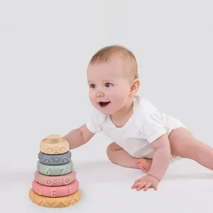 Anneaux de dentition en Silicone souple arc-en-ciel pour bébé, blocs de construction, tour d'empilage, jeu à presser, jouet circulaire d'empilage et d'emboîtement