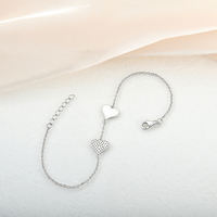 Pulsera de Plata de Ley 925 con Dos Corazones, Circonita Cúbica Pavé, Dije de Corazón Liso, Cadena de Cable Ajustable, Joyería para Mujer