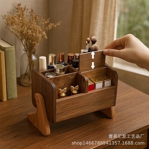 Wooden <b>Desktop</b> Cosmetic Organizer Solid Wood Makeup Brush Lipstick Storage Rack For Skincare Perfume Jewelry Household Use - Product Image 4