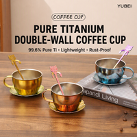 Tasse à café en titane pur, ensemble de tasses à latte de luxe avec soucoupe en titane pur, cuillère en titane, tasse à poignée pour boire du thé
