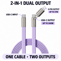 Câble de charge plat en silicone liquide 2-en-1 USB-C vers USB-C 240W et double sortie 8 broches 27W – Vente en gros