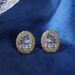 Heizun usine mignon Original noir <span class=keywords><strong>Agate</strong></span> <span class=keywords><strong>camée</strong></span> 3D Relief sculpture S925 argent plaqué or boucles d'oreilles pour femmes mariages chinois - Product Image 6
